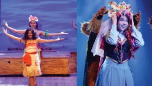Atores fantasiados em cena durante espetáculos infantis no Teatro Beberibe.